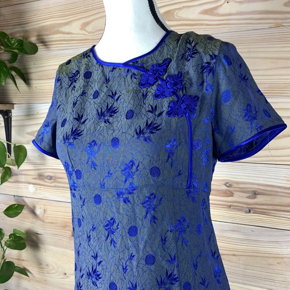 Vtg Qipao Dress Small Blue‎ Jacquard Floral Mandarin Elegant Silky Asian